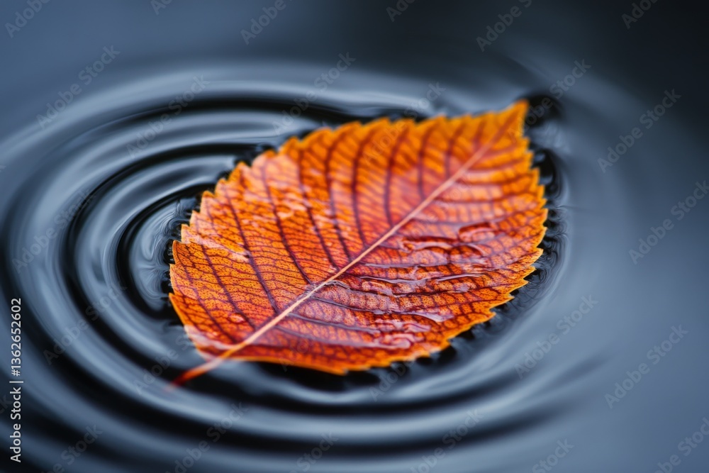 Poster Autumn leaf floating on water with ripples creating a serene natural scene