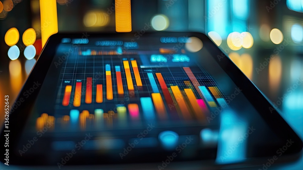 Poster a digital tablet displaying a business bar chart with growth trends and financial insights.