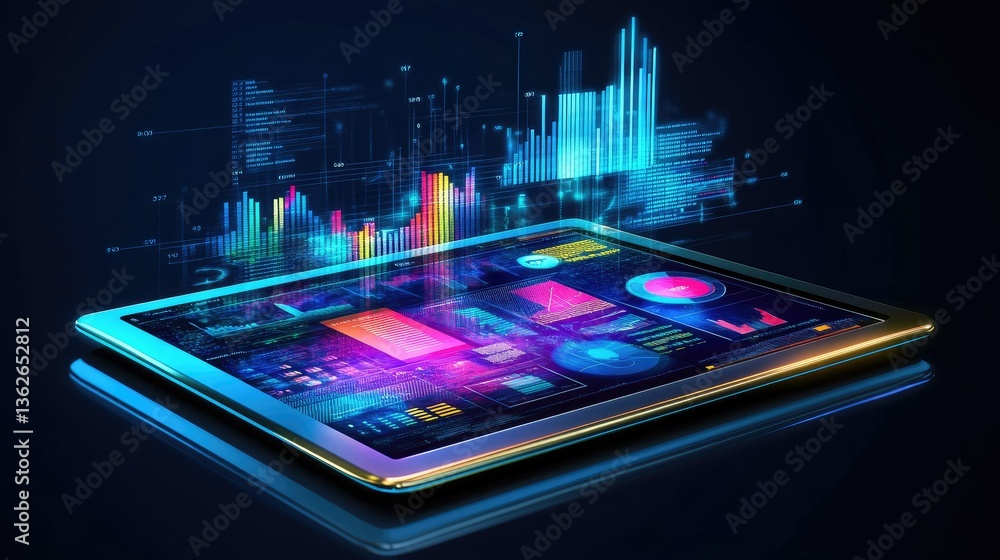 Poster a digital tablet showcasing a business report with a colorful graph and financial insights.