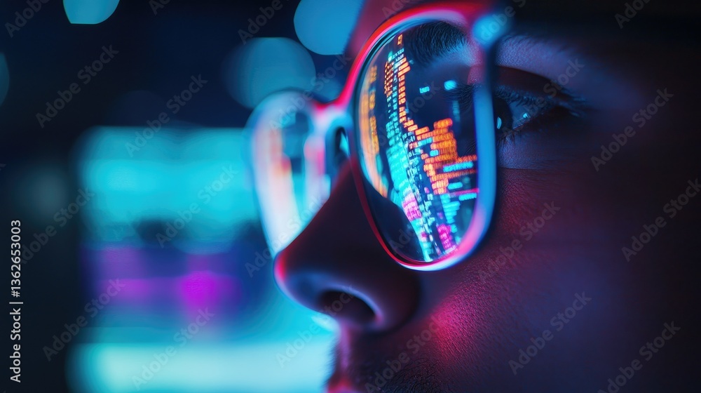 Poster a dynamic stock market chart glowing on a computer screen, reflecting in the glasses of a focused in