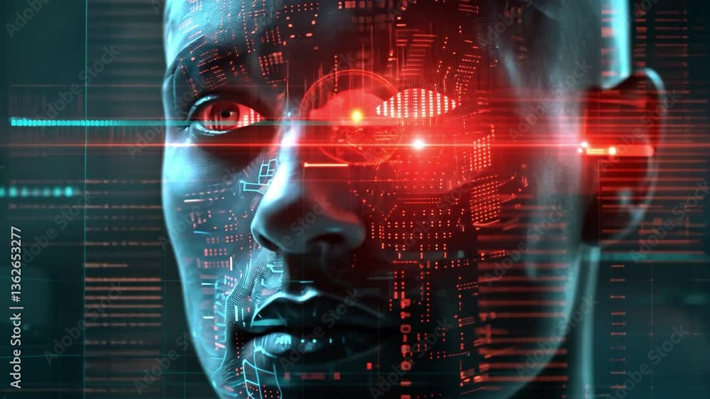 Poster futuristic humanoid with glowing red eyes digital interface of artificial intelligence and technolog
