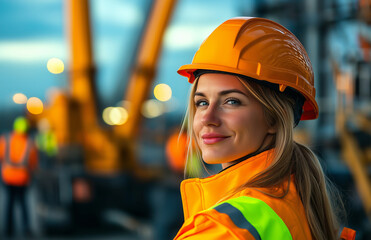 smiling female construction worker wearing orange hard hat and safety jacket, standing at construction site with machinery in background