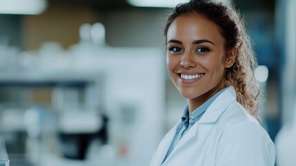 Fototapeta premium Smiling Female Researcher in Lab Coat at Laboratory Setting