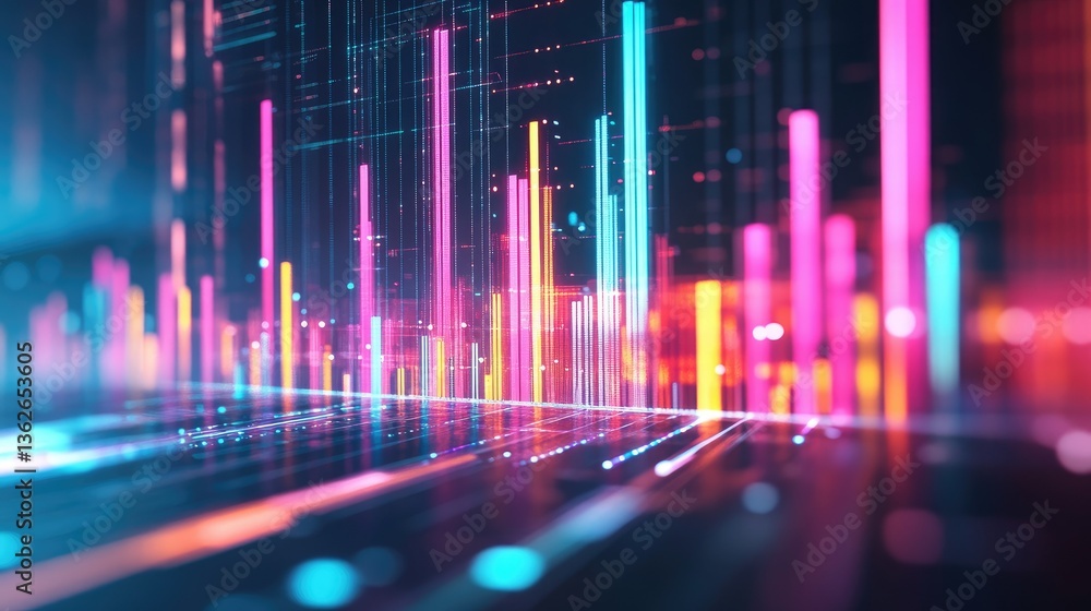 Poster a futuristic digital dashboard displaying a colorful business bar chart with glowing effects.