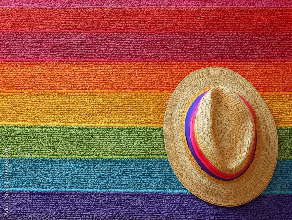 Poster rainbow colored textured mat with summer straw hat positioned top right representing pride holiday s