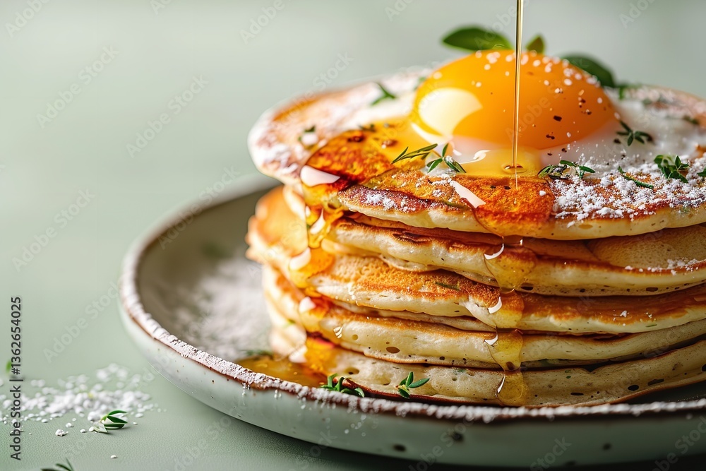 Poster over a tiny dish with a pale green setting an array of fluffy pancakes a fried egg fried over top ma