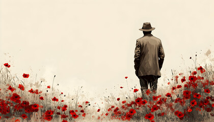 Man walks away through a poppy field