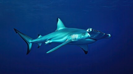 Obraz premium A hammerhead shark cruising through the deep blue sea, captured in motion, highlighting its iconic head.