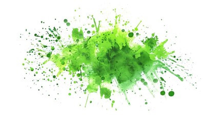Vibrant green watercolor splash with dynamic paint droplets and expressive artistic texture isolated on white background