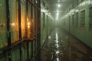 Dark prison corridor illuminated by a candle amidst rain and reflections during nighttime