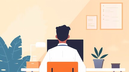 Doctor working on computer, Rear view of a doctor sitting at a desk using a computer.