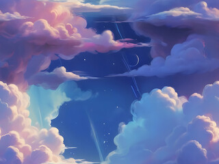 Sky and clouds with dreamy appearance and celestial elements featuring copy space
