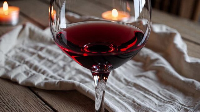 A close-up video shot of a wine glass on a rustic wooden table, with soft candlelight creating a warm, inviting atmosphere in the background.