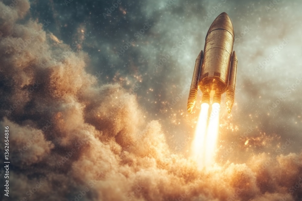 Poster rocket launches into the sky amidst clouds and shimmering lights during sunset in a breathtaking dis
