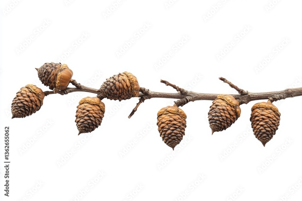 Poster Pine cones hanging from a branch against a plain background in a natural setting during early autumn