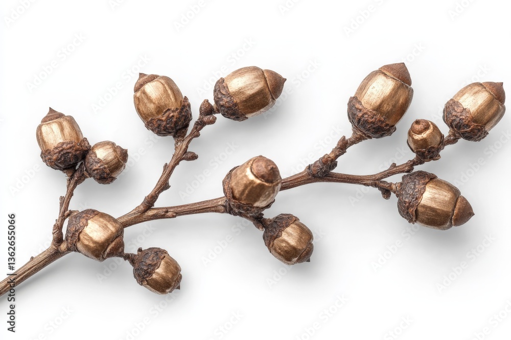 Poster branch with unique golden seed pods on a plain background showcasing nature's intricate details