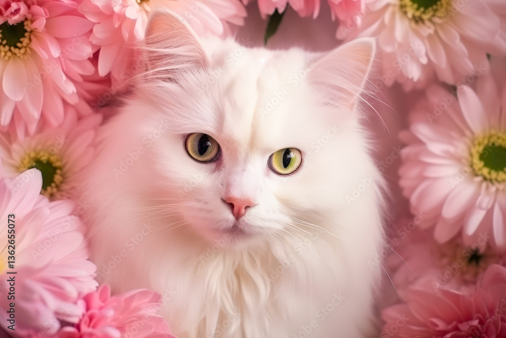 Poster white cat with unique eyes surrounded by pink flowers in a bright setting