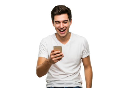 Young man laughing as he is looking at phone isolated on White background PNG transparent background