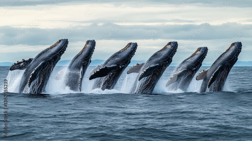 Poster a pod of whales breaching together in unison, creating a breathtaking display of nature in the open 