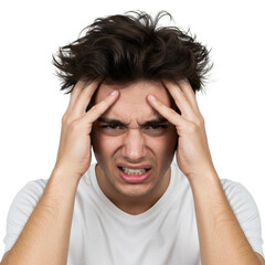 Headache concept. Young man squeezing head with hands. People, stress, tension and migraine concept isolated on White background PNG transparent background