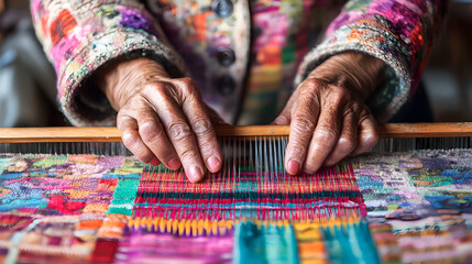 una mujer adulta mayor tejiendo en un telar con sus manos trabajo artesanal telas coloridas en un taller de tejido cultura y tradicion