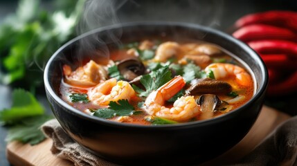 A steaming bowl of Thai Tom Yum soup with shrimp, mushrooms, and fresh herbs.