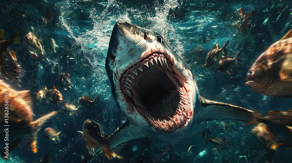Poster a stunning shot of a shark's mouth open wide, displaying its rows of sharp teeth as it swims through