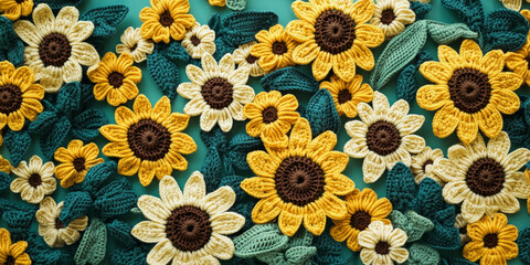 Close-up of crocheted sunflowers and leaves on teal background.  Floral arrangement showcases texture and craftsmanship, symbolizing summer, nature, and handmade artistry