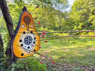 Archery target with arrows in a lush forest background. Outdoor archery range on tree with target...