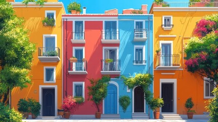Fototapeta premium Vibrantly Colored Mediterranean Street with Multicolored Facade Buildings Adorned with Verdant Potted Plants and Balconies under a Clear Blue Sky