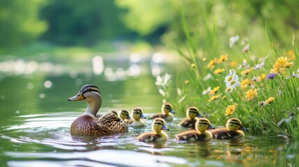 A mother duck and her ducklings swimming through clear pond water, surrounded by wildflowers and green foliage on a bright sunny day