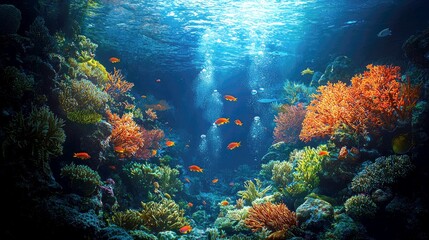 Naklejka premium Vibrant Underwater Coral Reef Scene: A Colorful Paradise of Marine Life and Ecosystem