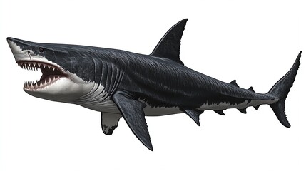Fototapeta premium A realistic depiction of a fierce shark swimming aggressively through the ocean. Its sharp teeth and powerful physique capture the essence of marine predators in vibrant detail.