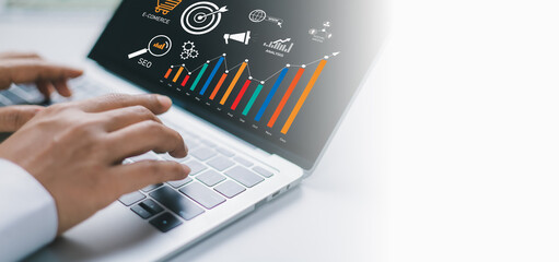 Human analyzing business Enterprise data management, Marketing Social media, business analytics with chart, Metrics and KPIs to improve organizational performance, Marketing, Future online advertising
