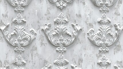 Ornate, embossed wall pattern in light gray.  Intricate, decorative relief design.  Textured backdrop