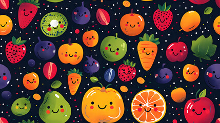 Naklejka premium A colorful pattern of cartoon fruits and vegetables with cheerful faces.