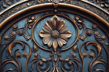 Ornate bronze flower gate detail, architectural design, building exterior, urban background, home decor