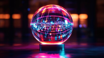 A neon-lit holographic disco ball radiating electrifying rainbow reflections.