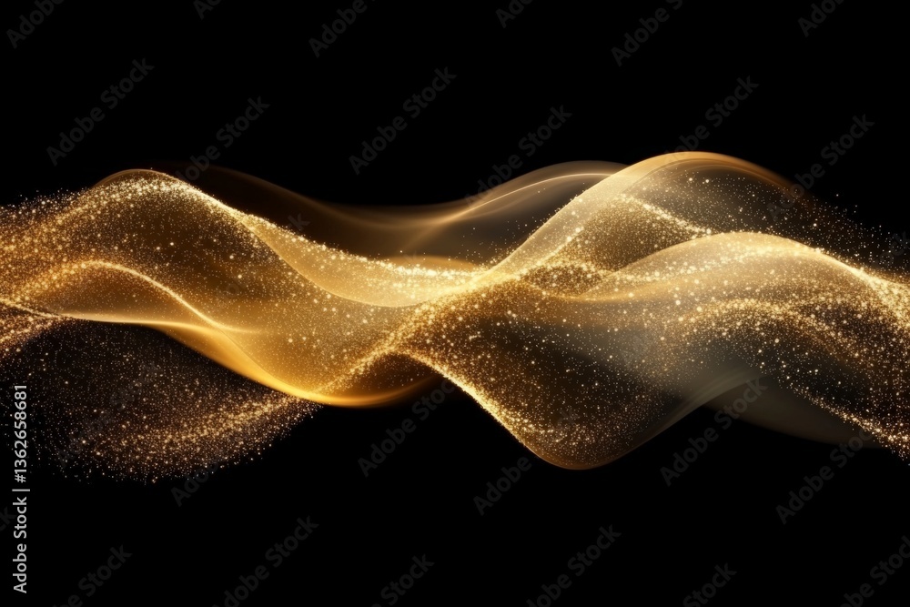 Poster Golden waves of light create a mesmerizing visual effect in a dark background showcasing flowing patterns and sparkles