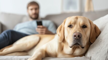A relaxed moment at home with a man and his loyal Labrador dog, capturing the essence of companionship and comfort as they enjoy their day together on the sofa.