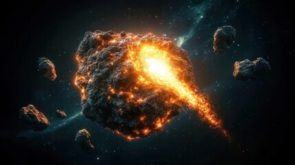 Obraz premium Celestial bodies asteroids fantasy concept. A vibrant cosmic scene featuring a fiery asteroid emitting light, surrounded by smaller rocks in a dark, starry space.
