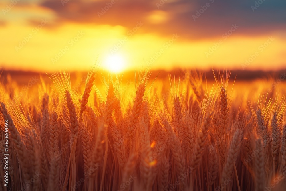 Poster golden wheat field basking in the warmth of the sunset on a calm evening