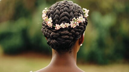 Elegant braid hairstyle with flowers, showcasing beauty and elegance in fashion, featuring intricate patterns and stunning back view.