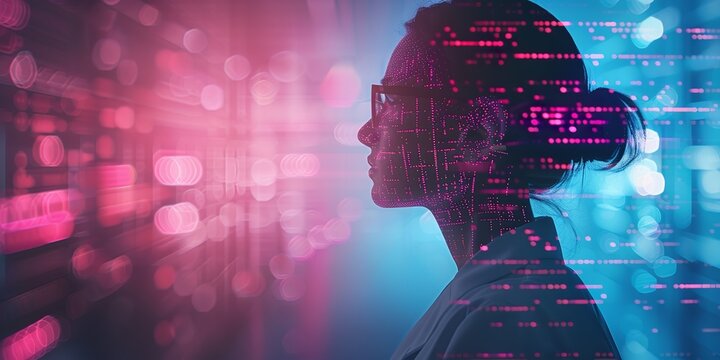 An up-close view of a 3D model of a human surgeon silhouette on a technological backdrop with space, Generative AI.