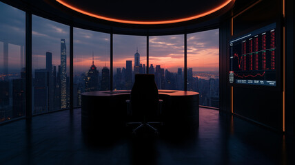 modern office with large round desk overlooks city skyline at sunset. room features floor to ceiling windows, showcasing vibrant cityscape and digital display with financial data