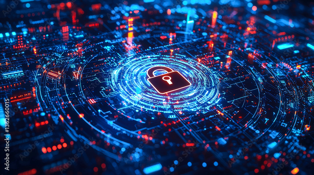 Poster Brightly lit digital lock at the center of a network, representing secure data transmission in a modern technological landscape