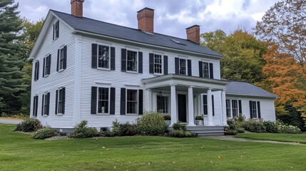 Obraz premium White Colonial House, Autumn Foliage, Rural Setting