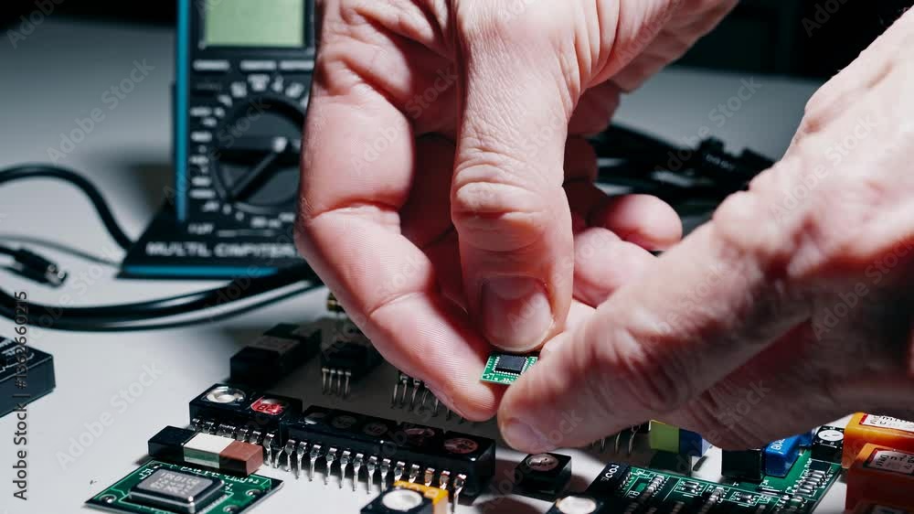 Poster close-up video shot of a hand organizing electronic components on a table, with a multimeter in the 