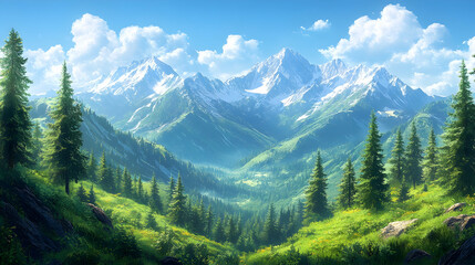 Fototapeta premium Mountains peek over green valleys and forests