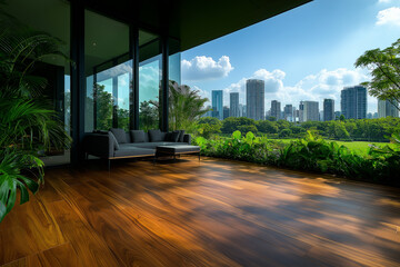 Obraz premium modern open air terrace with wooden flooring, offering stunning view of city skyline and lush greenery. space is designed for relaxation and enjoyment of nature